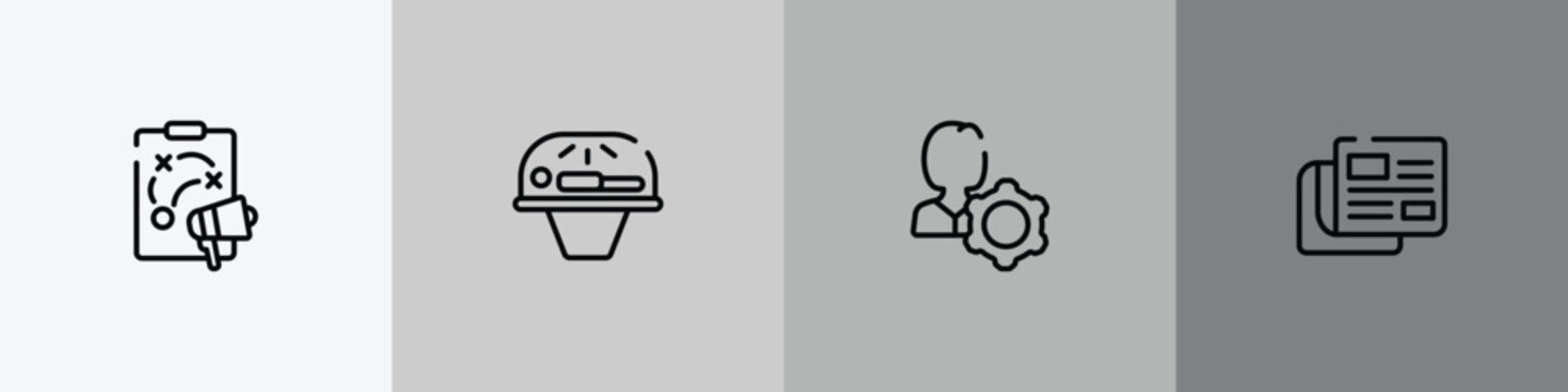 general outline icon set featuring marketing plan, solarium, user behavior, news feed icons.