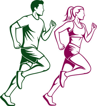 Stylized vector illustration of a man and woman running side by side. Male and female athletes jogging, fitness and active lifestyle concept graphic.