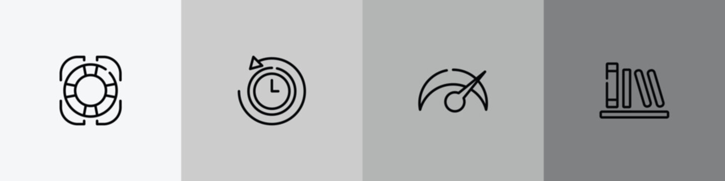 web outline icon set featuring rescue, rewind time, velocity, calibre icons.