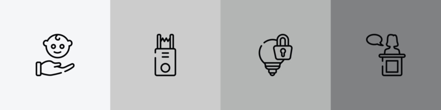 law and justice outline icon set featuring child custody, electroshock weapon, intellectual property, witness icons.