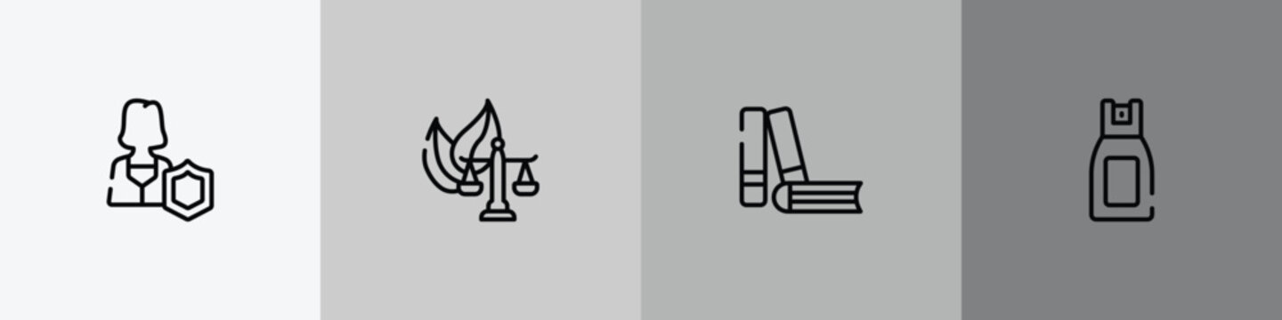 law and justice outline icon set featuring custody, environmental law, practise areas, pepper spray icons.
