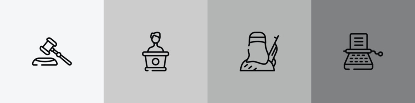 law and justice outline icon set featuring gavel, counsel, , stenographer icons.