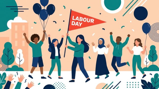 Cheerful People Celebrating Labor Day with Balloons and Banners