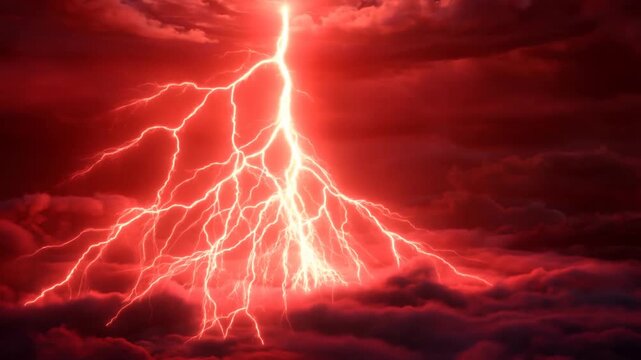 Slow motion zoomin of red lightning branching and expanding across dense cloud layer over stormy night sky during nighttime storm