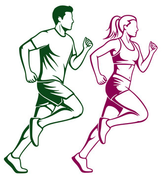 Stylized vector illustration of a man and woman running side by side. Male and female athletes jogging, fitness and active lifestyle concept graphic.