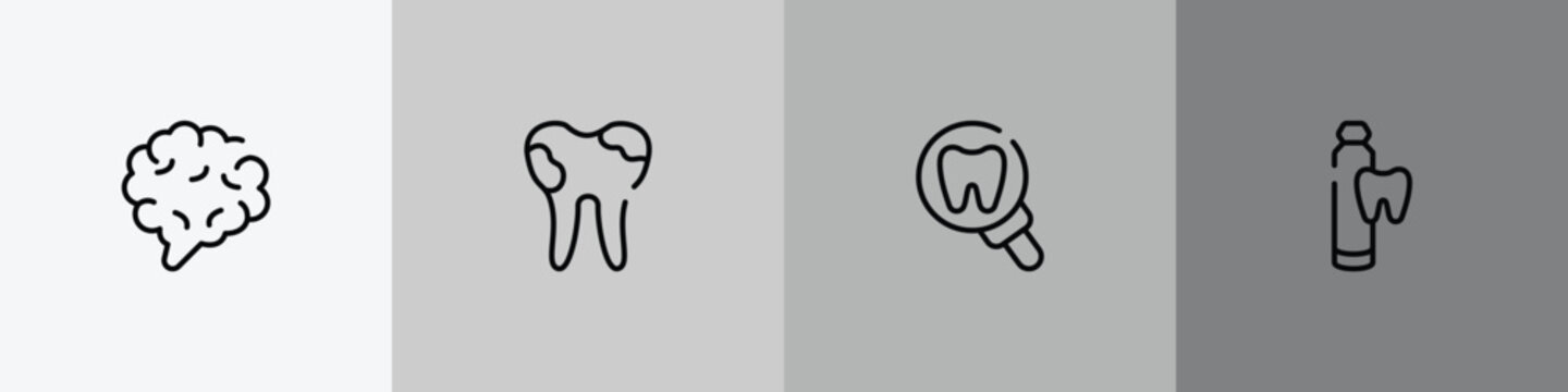 dentist outline icon set featuring brain body organ, dental caries, tooth zoom, toothpaste tube icons.