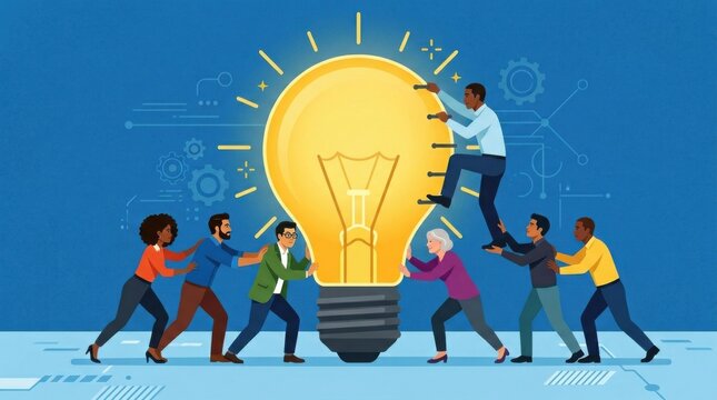 Team of People Collaborating to Power a Giant Lightbulb