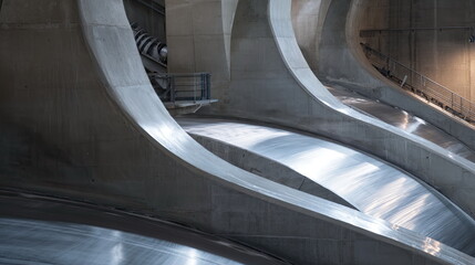 Fototapeta premium Concrete walls and metallic surfaces creating a dynamic flow with strong geometric shapes, reflecting natural light and forming an abstract, modern interior design