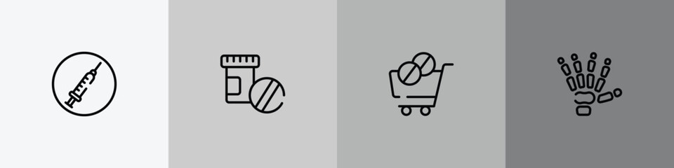 Obraz premium body parts outline icon set featuring drug abuse, phareutical drugs, phareutical delivery, human hand bones icons.