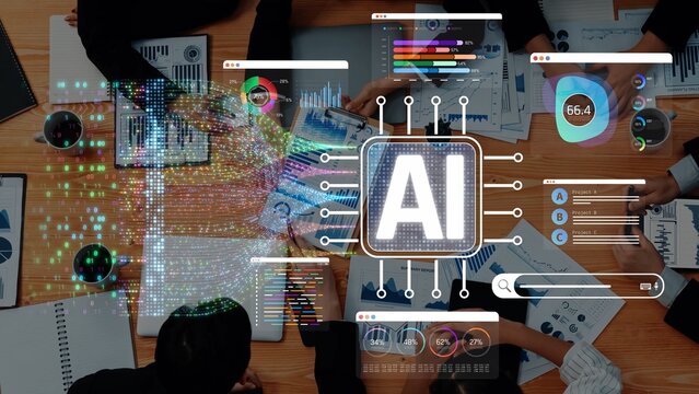 Aerial View of Business Team Collaborating on AI Technology Strategy with Data Visualizations and Digital Interfaces on Table Sigmoid