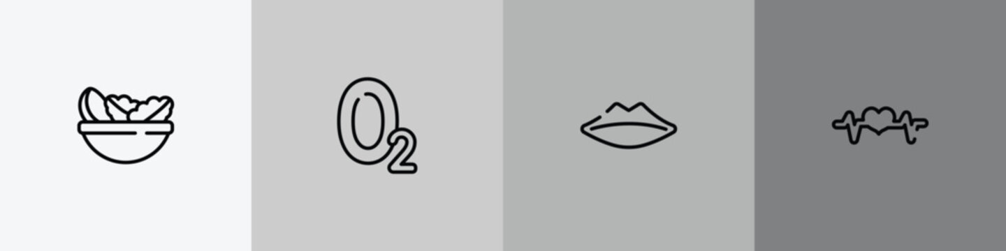 medical icons outline icon set featuring vegetarian diet, oxygen, thin lips, pulse line icons.