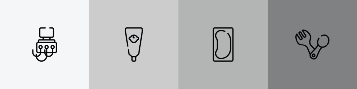 baby outline icon set featuring dialysis, baby cream, bedpan, spoon and fork icons.