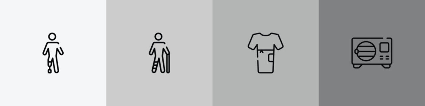 medical instruments outline icon set featuring prosthetic, injured male, patient robe, sterilization icons.