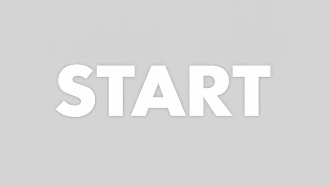 Panning slow tracking shot of bold start text sliding across neutral gray studio background with centered white letters and soft shadow minimal typography reveal for intro