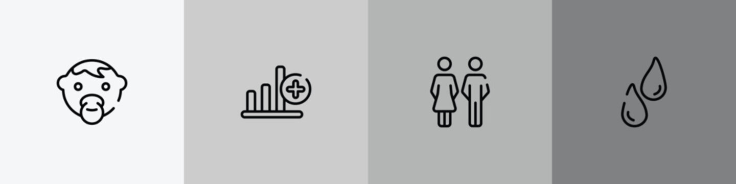 body parts outline icon set featuring baby face, bar graph with a cross, family of heterosexual couple, sweat or tear drop icons.