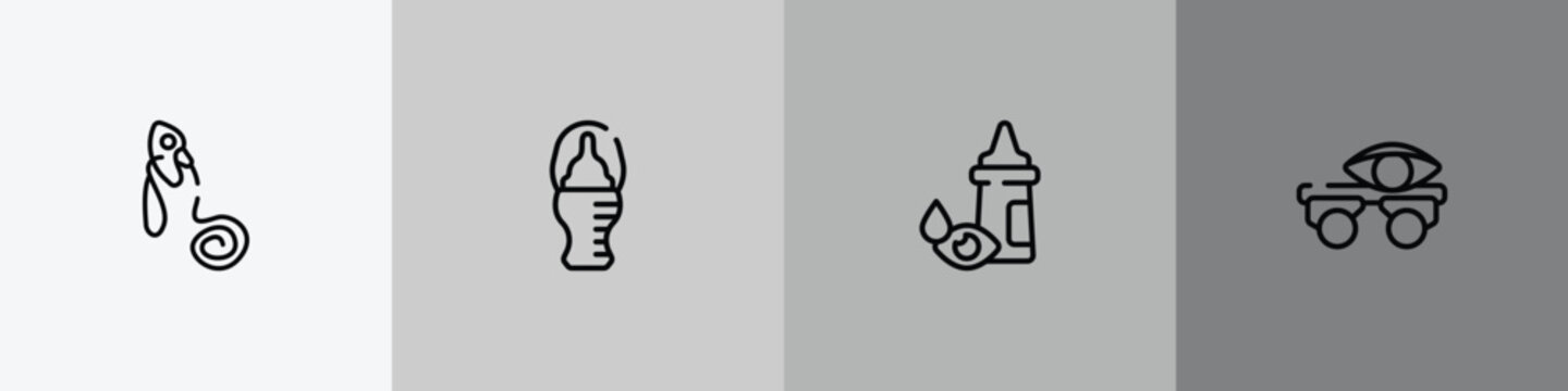 opthalmology outline icon set featuring oxygen mask, baby bottle, eye drop, optometrist icons.