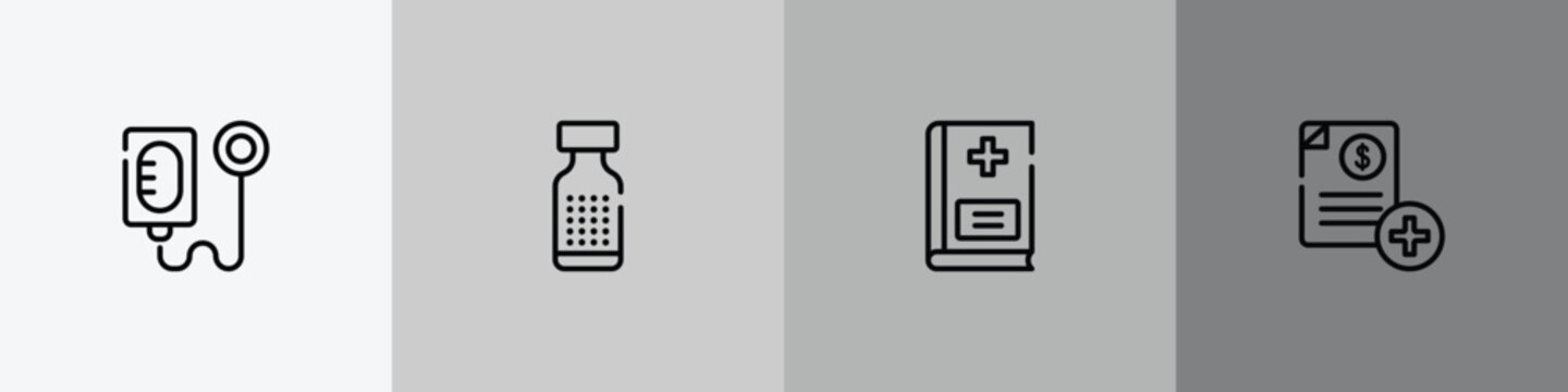 phary outline icon set featuring intravenous saline drip, homeopathy, vademecum, medical invoice icons.