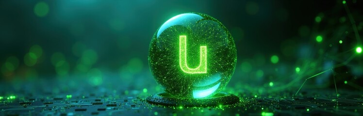 Naklejka premium Digital representation of uranium element atomic structure. Glowing green orb shows U symbol with intricate connections. Futuristic tech background with circuit board elements.