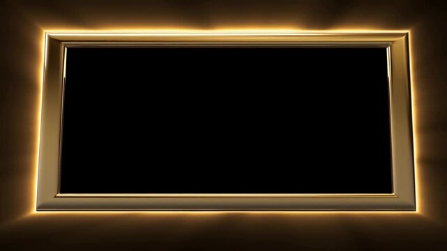 Panning shot across illuminated gold picture frames revealing rectangular glowing borders on dark interior wall in gallery room