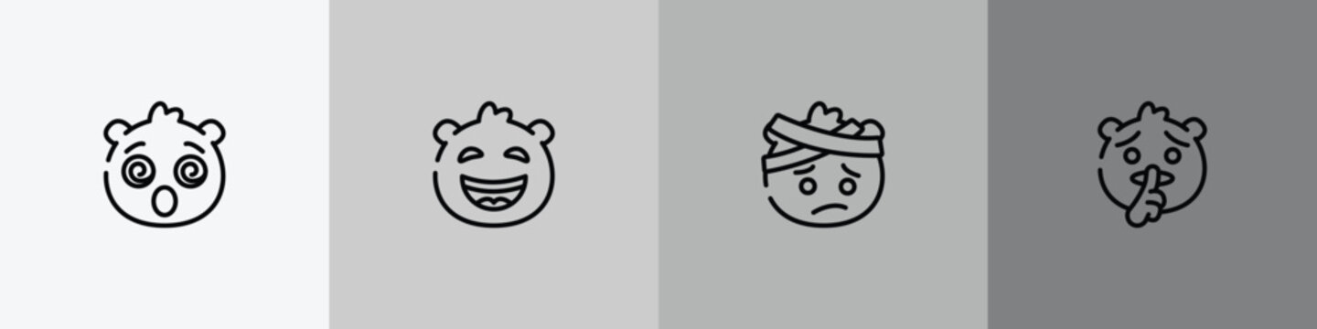 emoji outline icon set featuring dizzy emoji, laughing emoji, with head-bandage shushing icons.