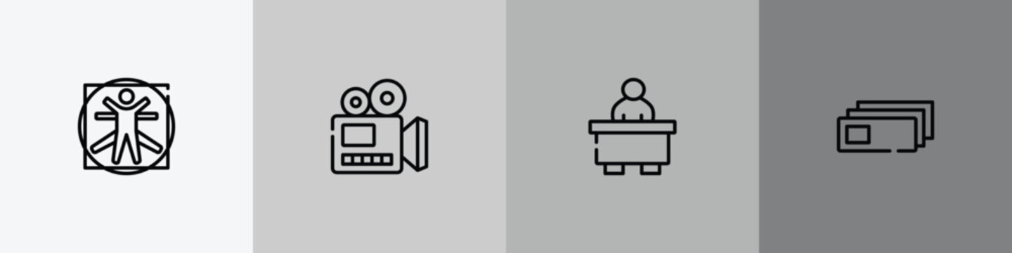 laboratory outline icon set featuring vitruvian man, documentary, librarian, microscope slides icons.