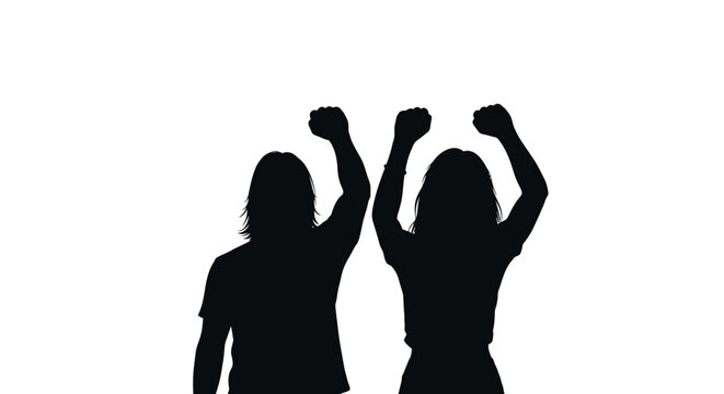 Silhouette of two people raising their fists in protest.
