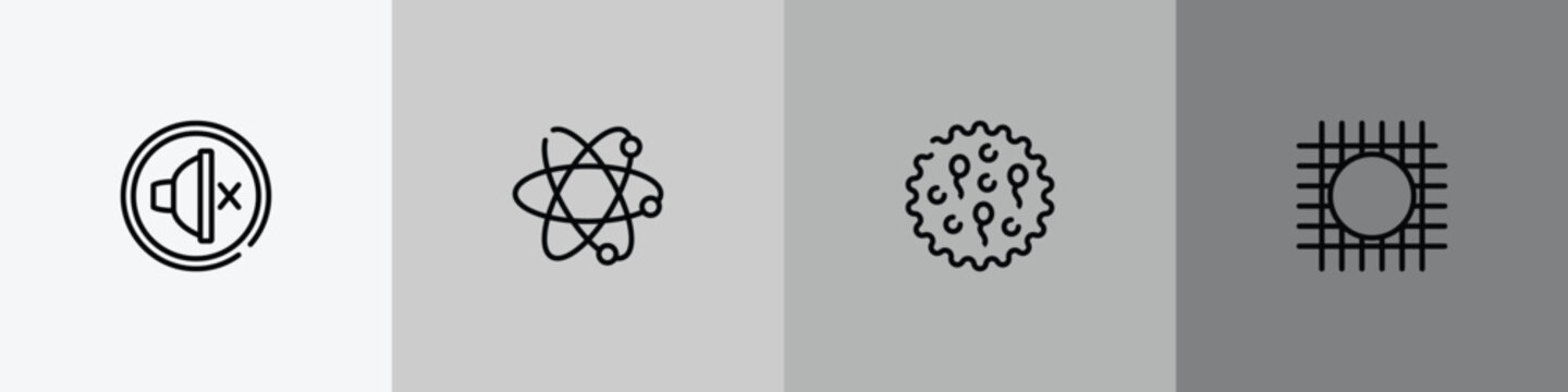 laboratory outline icon set featuring silent, atoms, ovule, wire gauze icons.