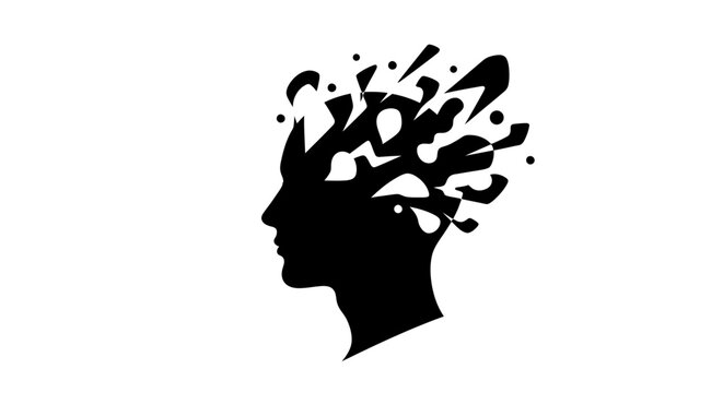 Abstract silhouette of a human head with exploding thoughts.