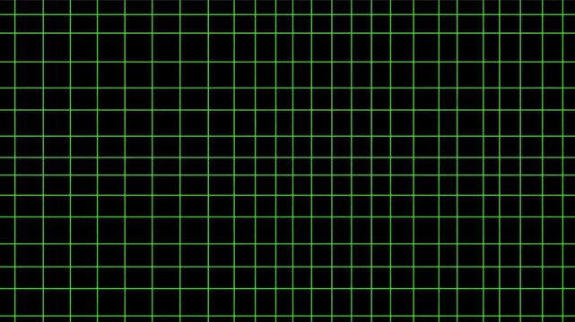 Panning shot of electronic grid display with pulsing vertical waveform sweeping across black monitor screen in control room setting