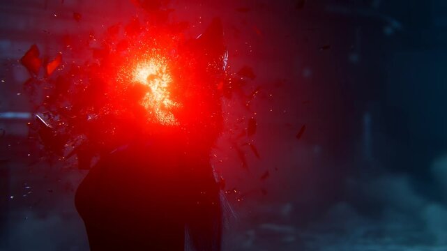 Static closeup shot of silhouetted woman head exploding and disintegrating with red energy in dark industrial warehouse interior