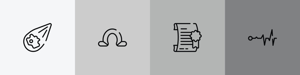 science and technology outline icon set featuring meteor, omega, degree, life line icons. © VectorStockDesign