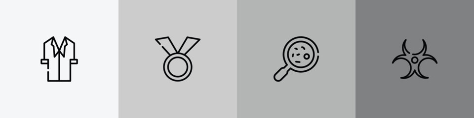 Fototapeta premium chemistry outline icon set featuring lab coat, medals, microorganism, hazard icons.
