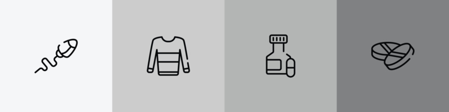 laboratory outline icon set featuring sperm, sweatshirt, pill jar, drugs icons.