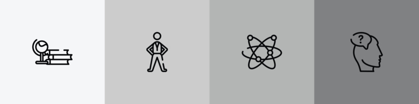 knowledge outline icon set featuring studies, pe teacher, galaxy, doubt icons.