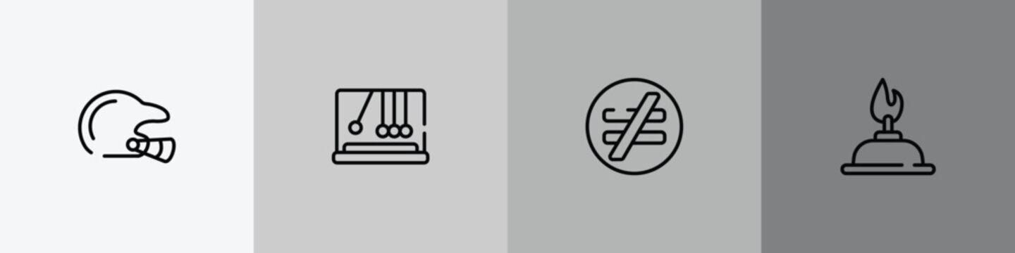science outline icon set featuring baseball helmet, newtons cradle, not equal, burn icons.