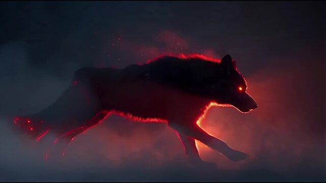 A fierce black wolf running through dark foggy forest with glowing red aura.