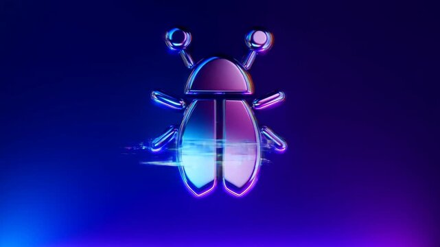 Static shot of glossy chrome bug icon glitching with digital distortion and flicker against blue purple neon gradient studio background