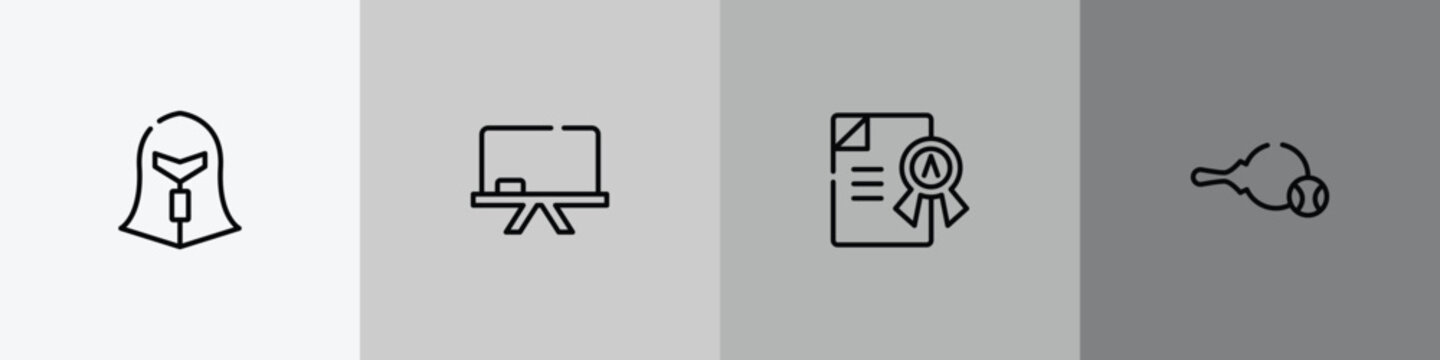 sports outline icon set featuring spartan, chalkboard, grade, table tennis icons.
