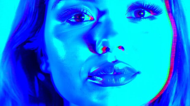 Tracking shot close up of woman face blinking and moving lips with rgb glitch neon lighting in studio portrait setup
