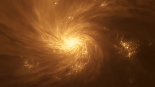 Slow motion zooming shot of spiral galaxy nebula swirling and rotating in deep outer space with glowing golden dust clouds and luminous vortex core