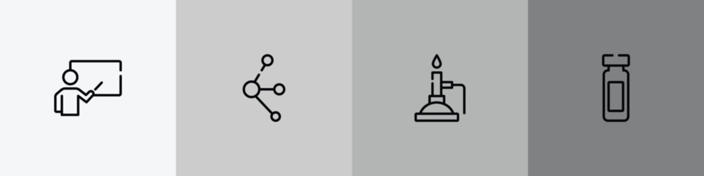 sports outline icon set featuring educator, molecules, bunsen burner, reusable bottle icons.