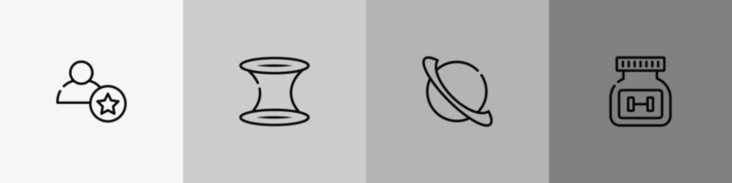 sports outline icon set featuring novice, wormhole, saturn, supplement icons.