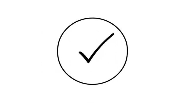 Time lapse static animation of check mark and circle being hand drawn and revealed with ink stroke on centered white minimal background for simple icon design