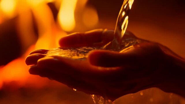 Slow motion close up of hands catching and pouring water in front of fireplace with warm bokeh glow intimate indoor hearth ritual at evening