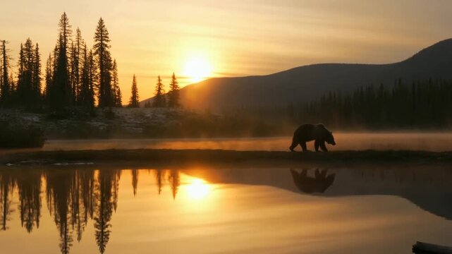 Tracking shot of bear walking along lake shoreline at sunrise with misty pine forest and distant mountain range