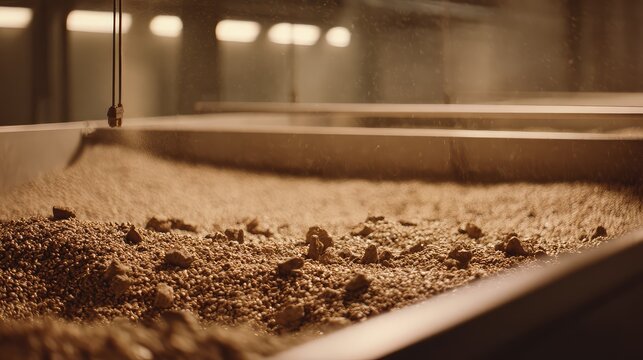 Roasted coffee beans undergoing a cooling process in an industrial bin within a factory, representing automated production and quality control for beverage manufacturing