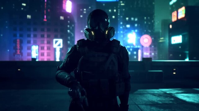 Tracking shot of figure in gas mask standing and approaching rooftop edge with neon city skyline and digital glitch at night