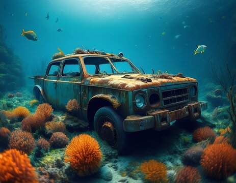 rusting vehicle submerged in an ocean reef covered in coral and seaweed where fish and sea creatures make their home in the haunting underwater scene
