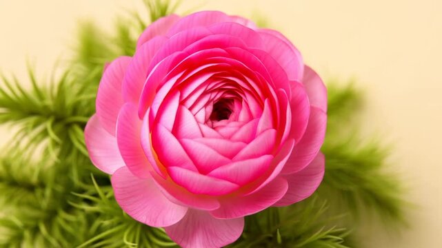 Slow dolly in close up of pink ranunculus flower opening over green foliage on beige studio background