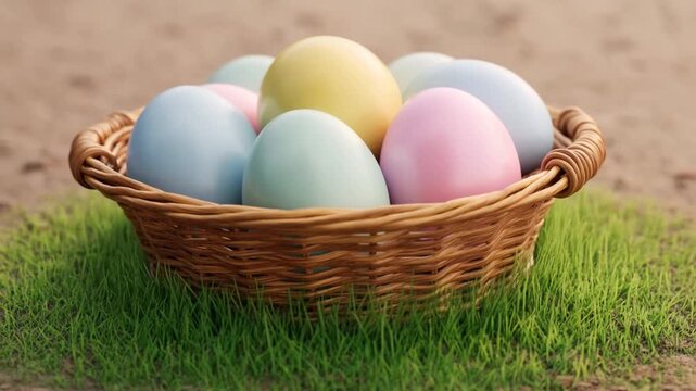 Slow dolly in shot of wicker basket with pastel eggs revealing grass on ground outdoors in spring morning